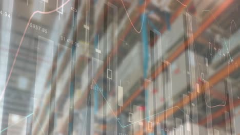 animation of financial data processing over empty warehouse