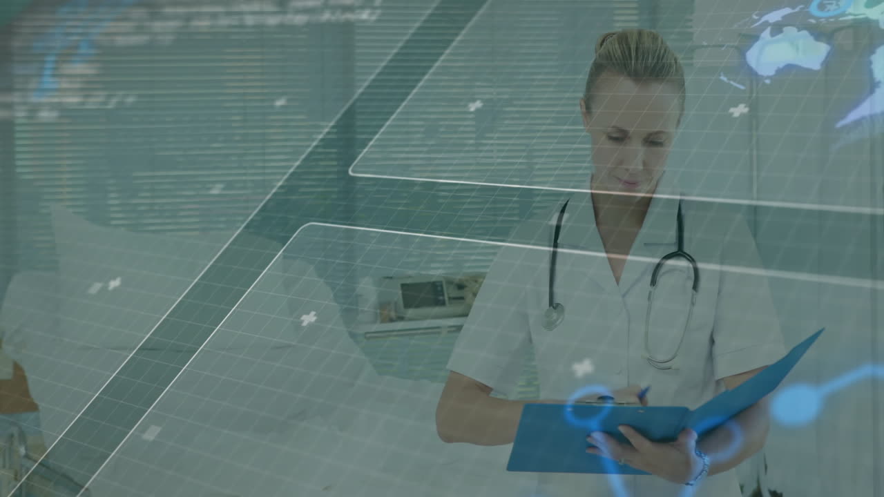 In hospital, healthcare professional reviewing digital data animation on screen