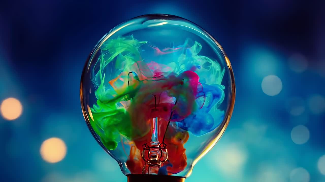 Vibrant paint swirls inside a light bulb, shot from the side
