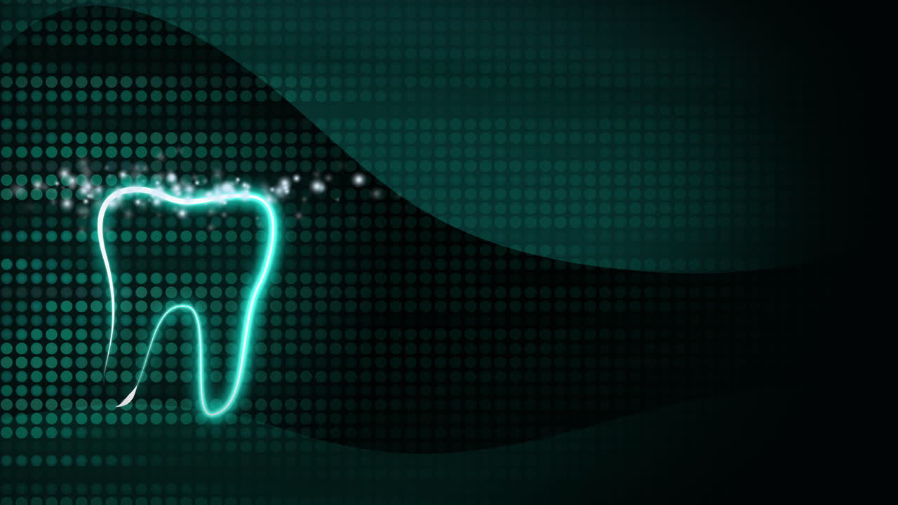 Dental abstract green background with dots. Glowing tooth icon with shiny particles. Copy space. Looped animation.