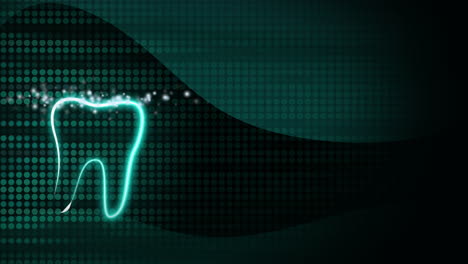 dental abstract green background with dots. glowing tooth icon with shiny particles. copy space. looped animation.