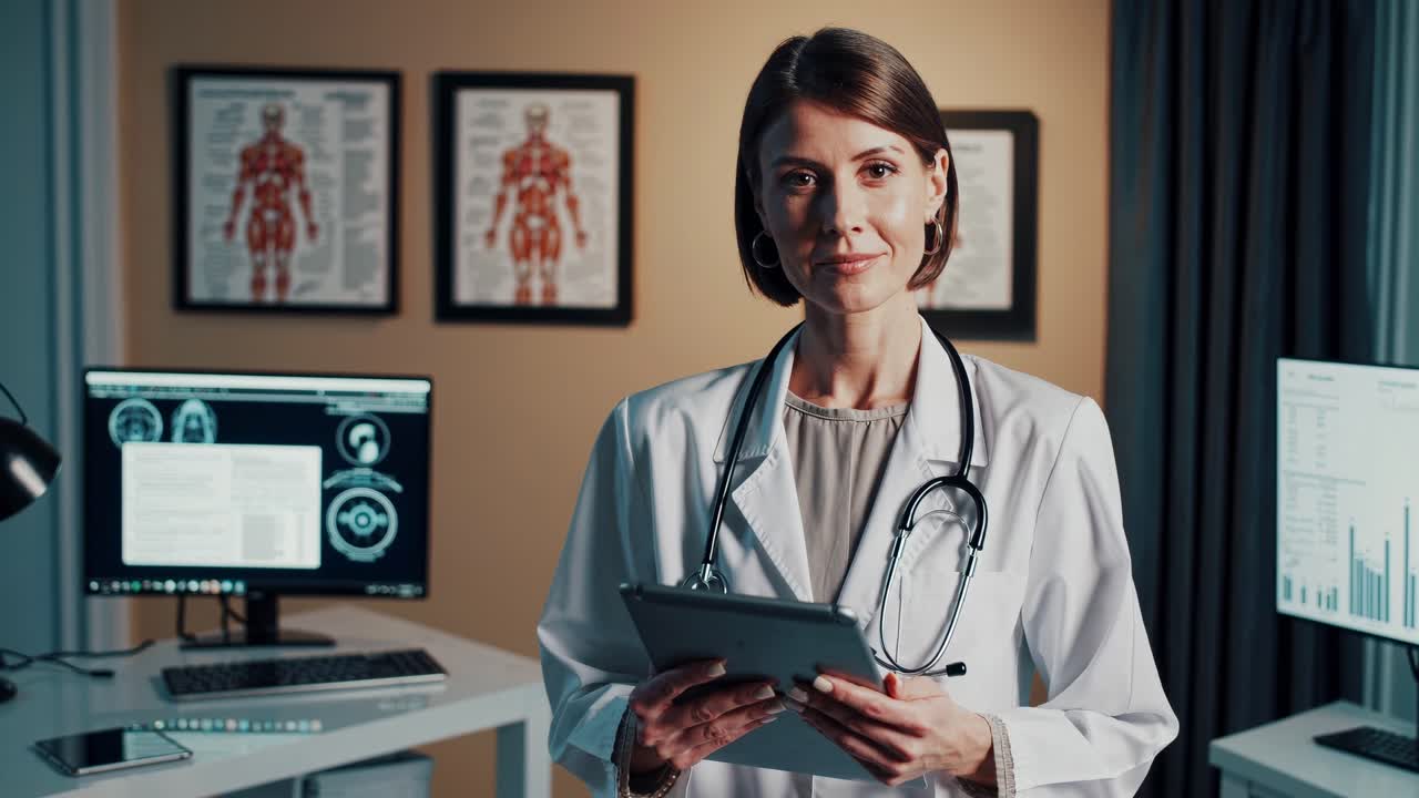 Professional female doctor wearing lab coat and stethoscope, confidently standing in modern medical office, holding digital tablet with medical data displayed on monitors