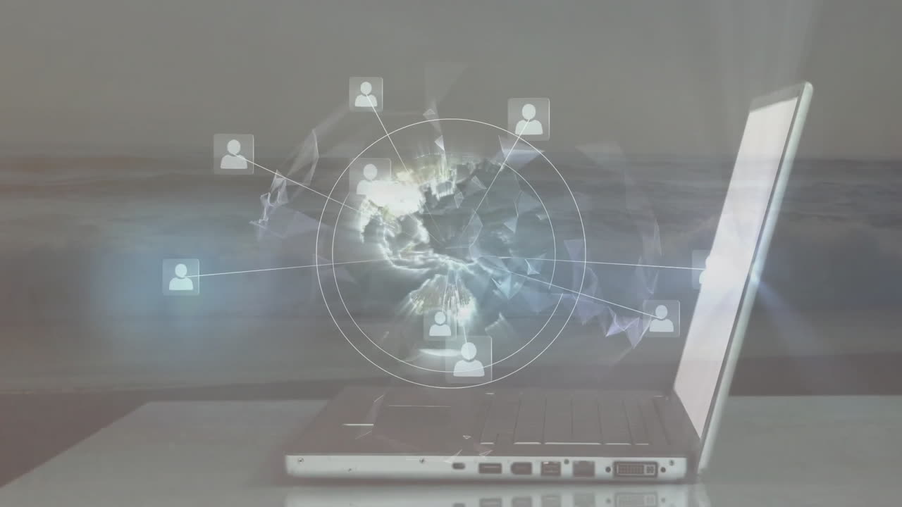 Laptop displaying network of connections and data processing animation over ocean