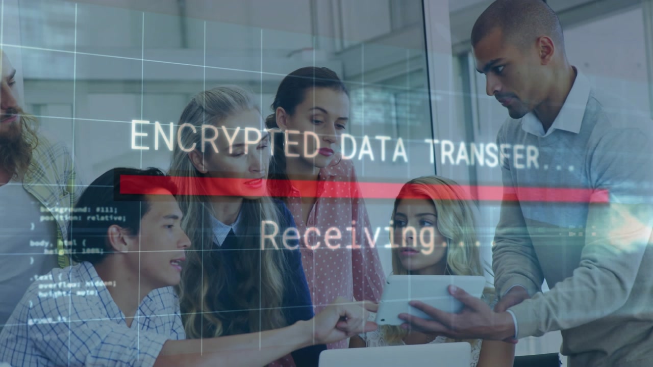 Business team by tablet, man presenting encrypted overlay over group for review, red bar advancing