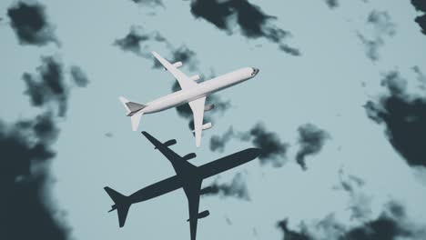 3d animation, plane flying from left to right over fast moving clouds, shadow