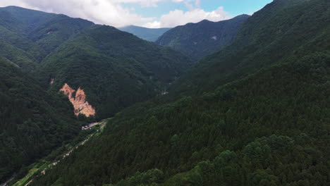 Aerial-view-over-mountains-in-the-Joshinetsu-National-Park,-summer-in-Nagano,-Japan