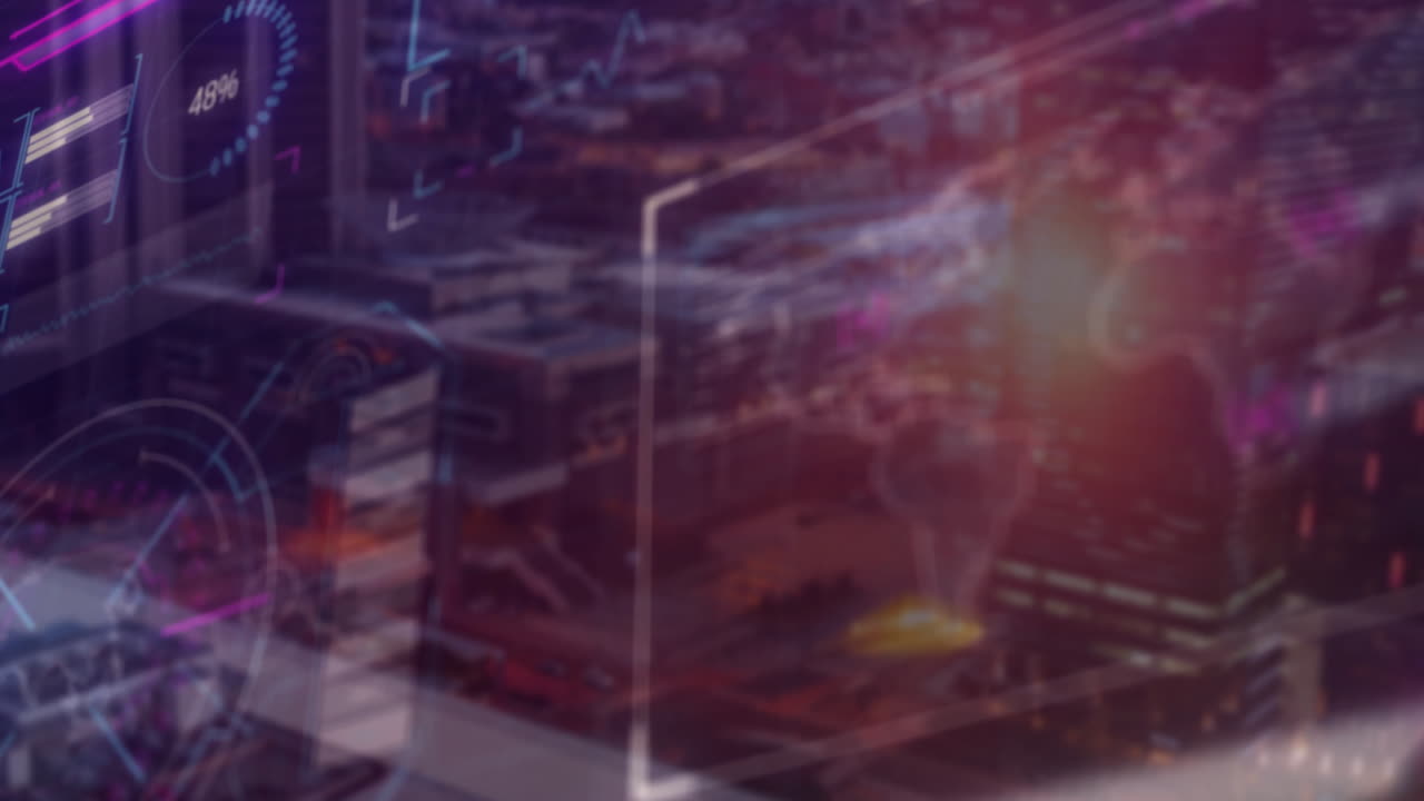 Digital overlays hovering over city skyline, displaying progress HUD, charts and glowing nodes