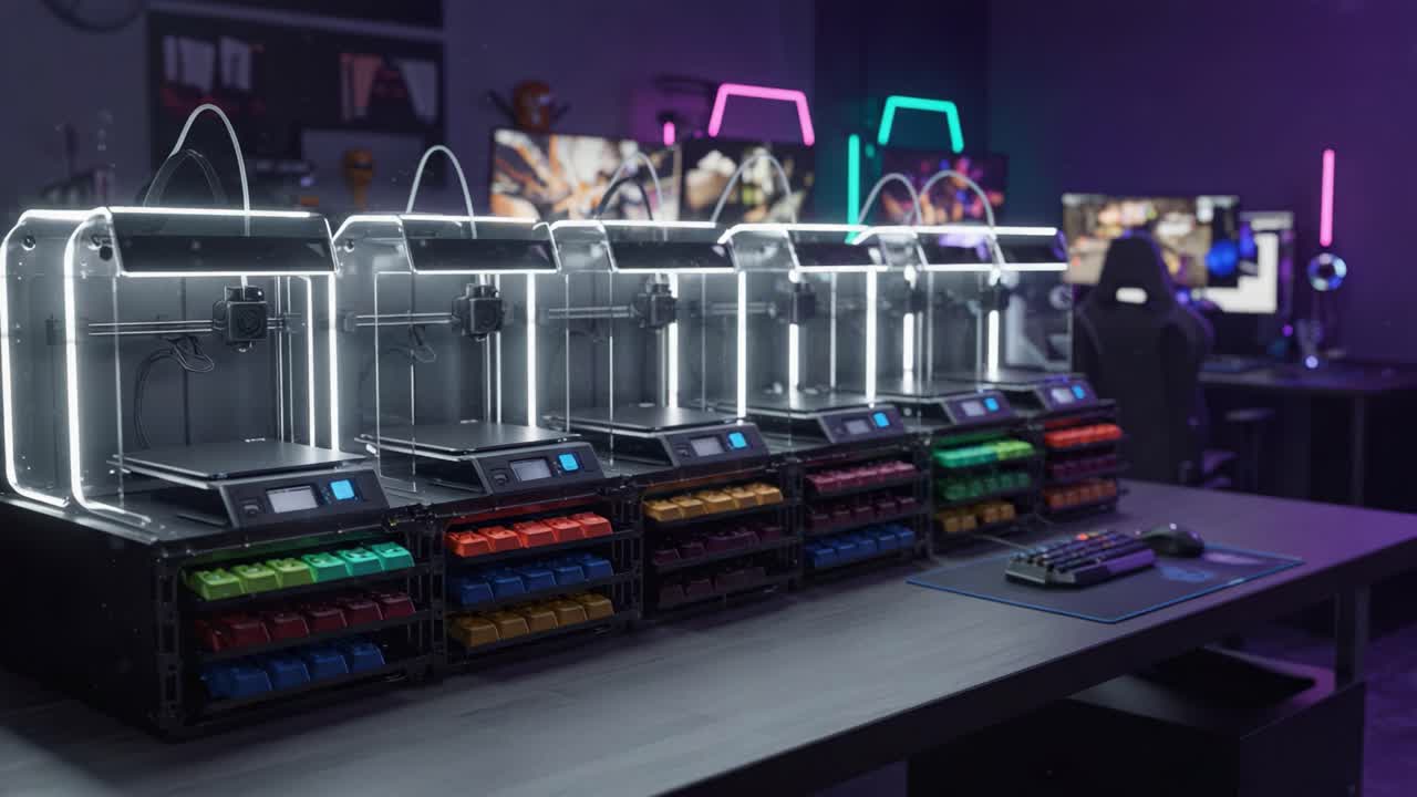 A High-Tech Workspace Featuring Multiple 3D Printers Ready for Creative Projects with Colorful Filament Compartments and Modern Gaming Equipment in a Sleek Environment