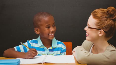 Animation-of-smiling-caucasian-female-teacher-and-african-american-schoolboy-over-board