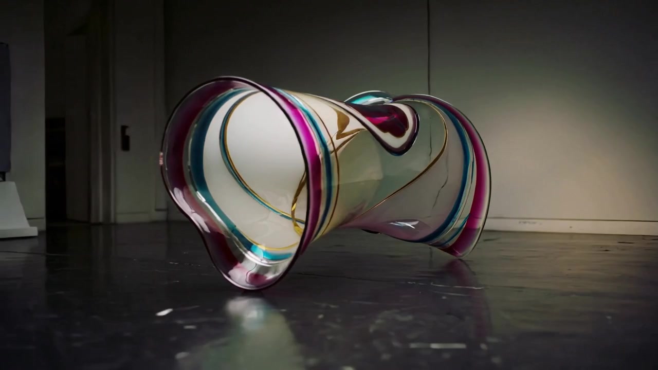 En rullende glasskulptur bevæger sig hen over studiegulvet efter et blidt puf, der viser en hvid kerne og bånd.