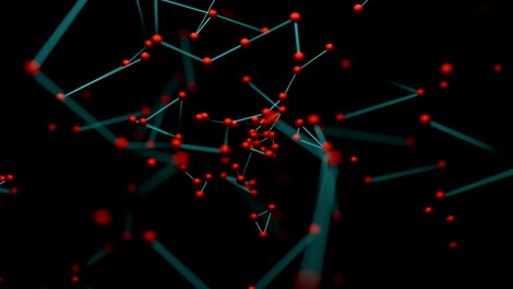 abstract network of red dots and teal lines on black background