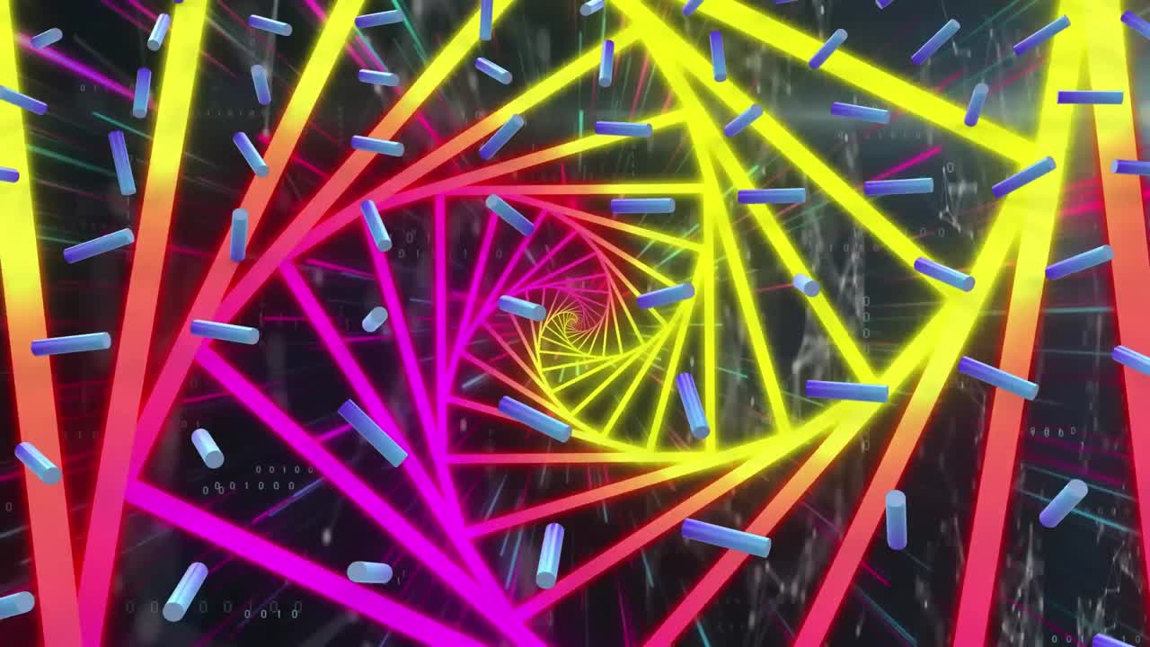 animación de formas que caen sobre formas geométricas rosadas y amarillas