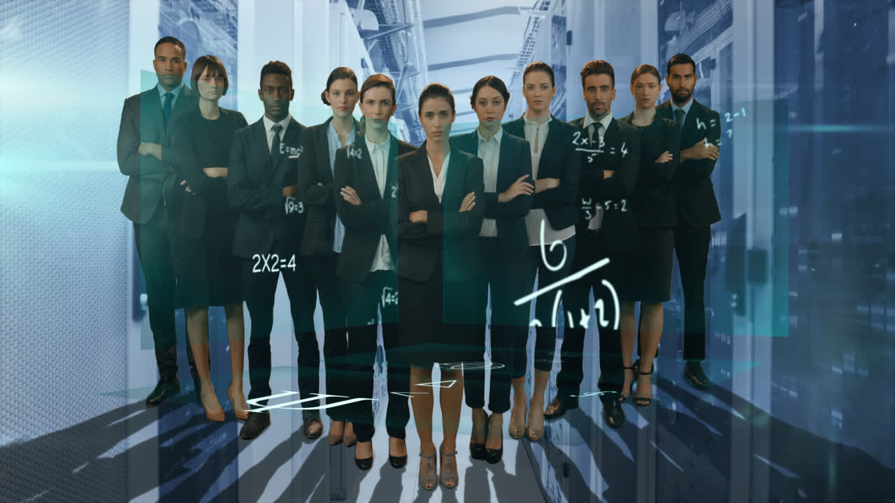 다양한 사업가들의 디지털 구성이 높은 건물에 맞서 사무실에서 손을 흔들고 있습니다.