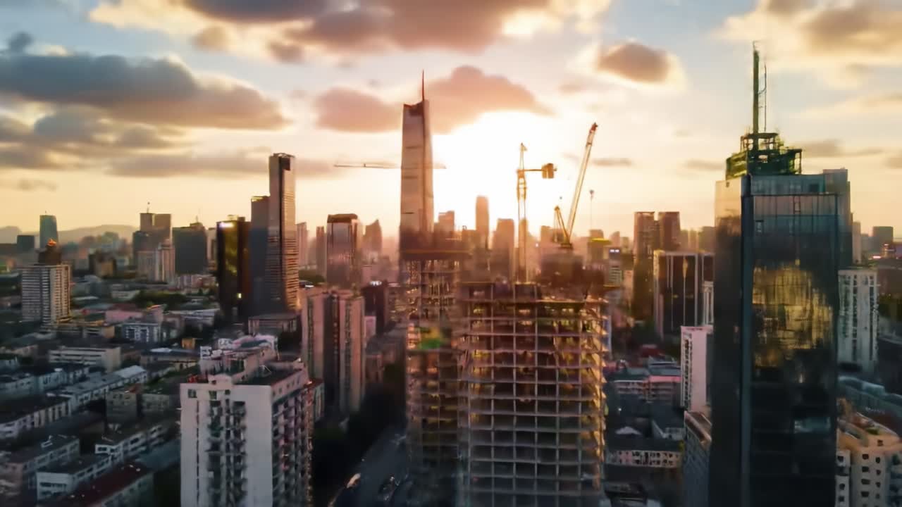 Stunning Transition from Day to Night in a Modern Cityscape Capturing Urban Development, Architectural Marvels, and Vibrant City Life Under Changing Skies