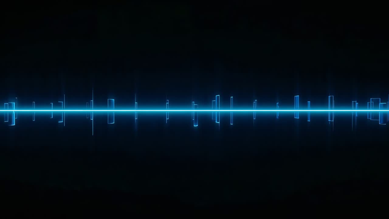 Pulsing neon cyan baseline and barforms reacting to audio input on black void, mirrored