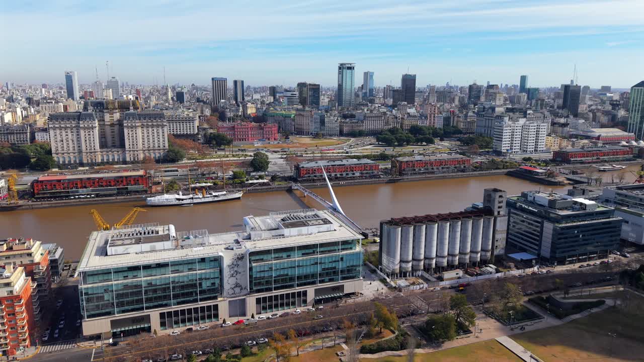 Aerial Drone View of Puerto Madero Buenos Aires Argentina Skyline Riverfront