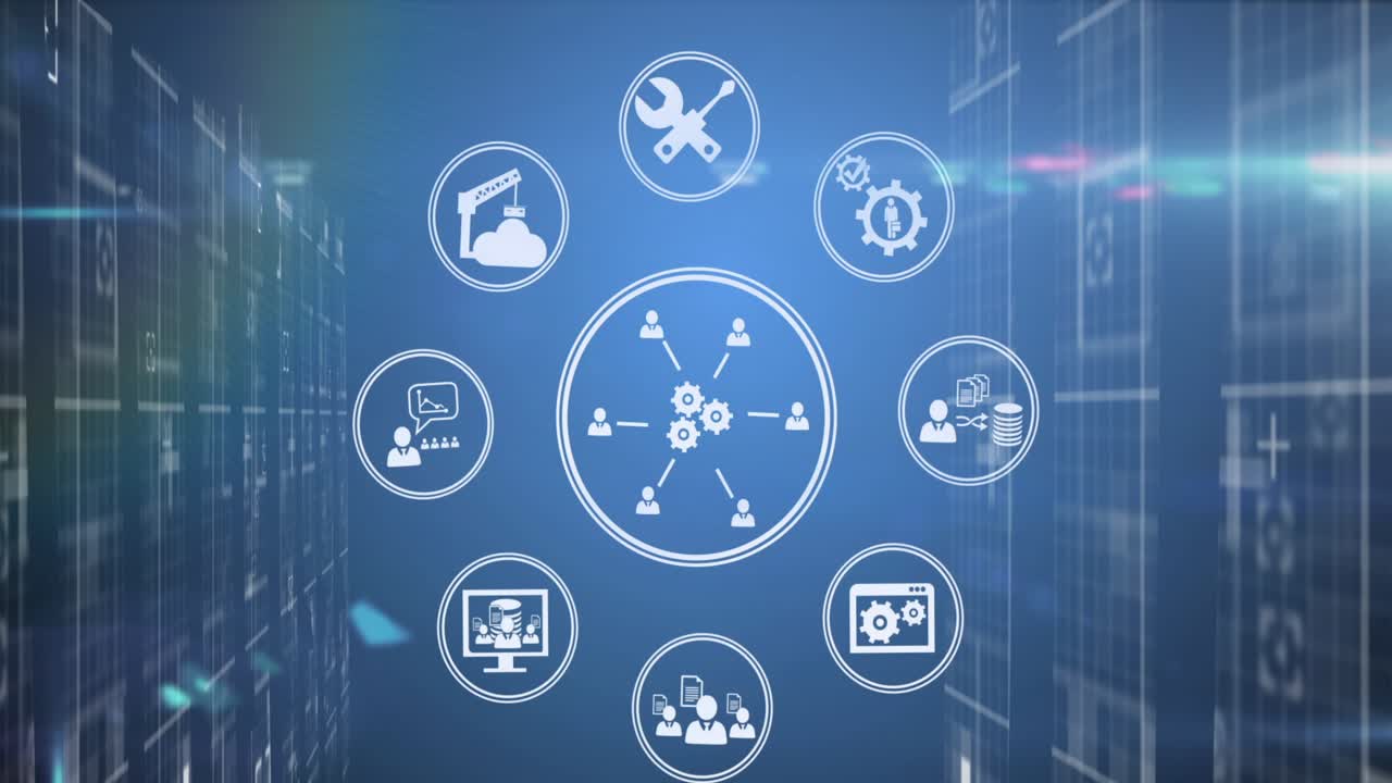 Animation of data processing and icons over server room