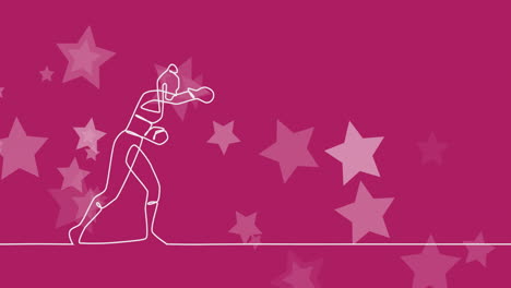 animación de dibujo de boxeador femenino golpeando y estrellas en fondo rojo