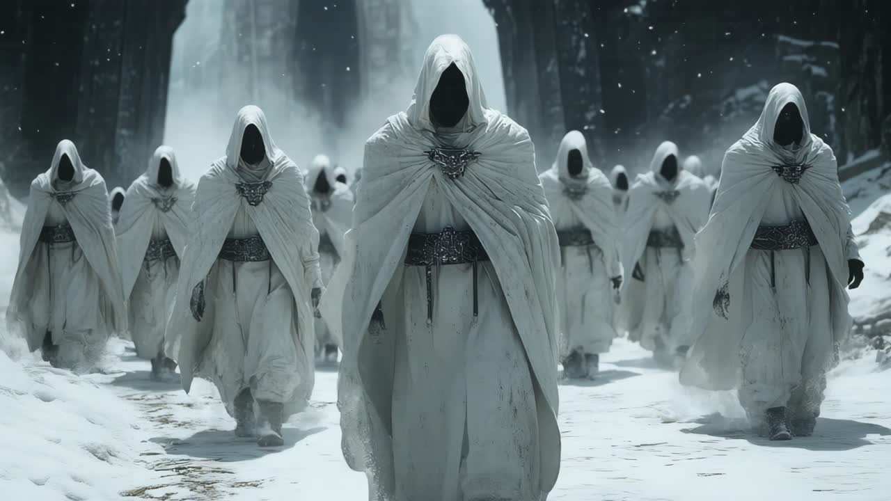 White-Robed Figures Marching in Snowy Landscape