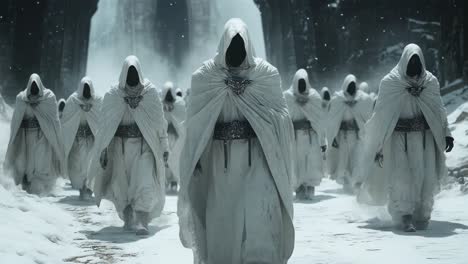 white-robed figures marching in snowy landscape