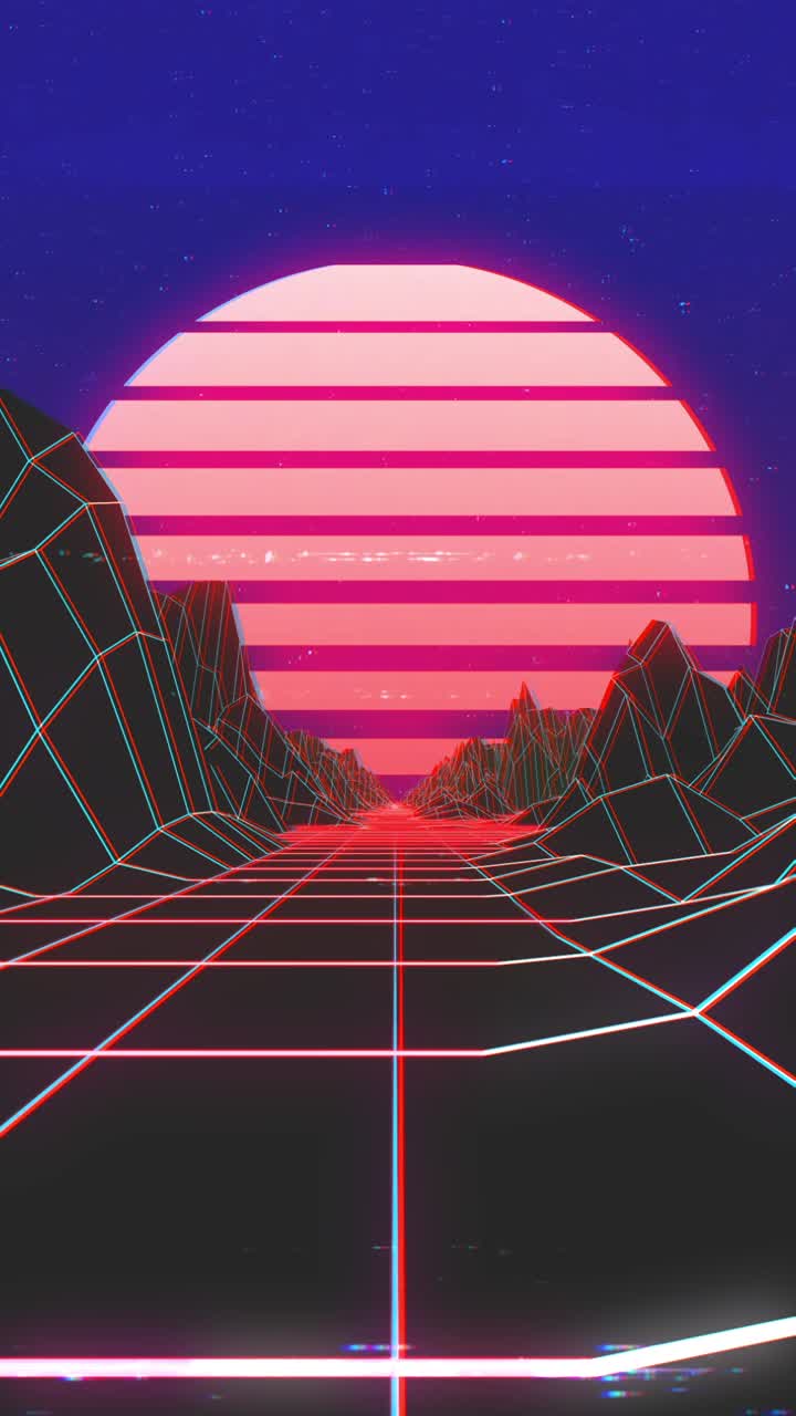 Paesaggio con griglia synthwave rétro con montagne al neon e sole