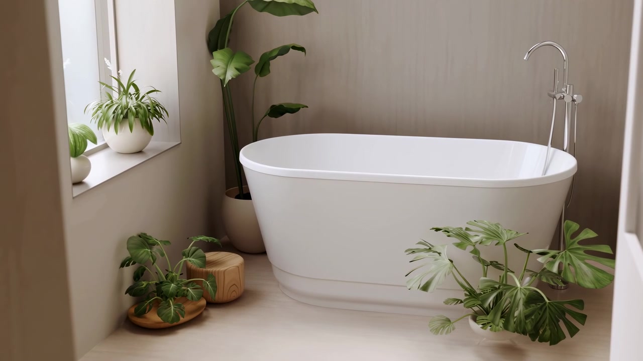 Lento movimento laterale della telecamera ricentra una luminosa area bagno minimalista, con vasca ovale bianca, piante da interno con foglie, rubinetteria cromata curva, pareti beige e luce diurna soffusa da una finestra