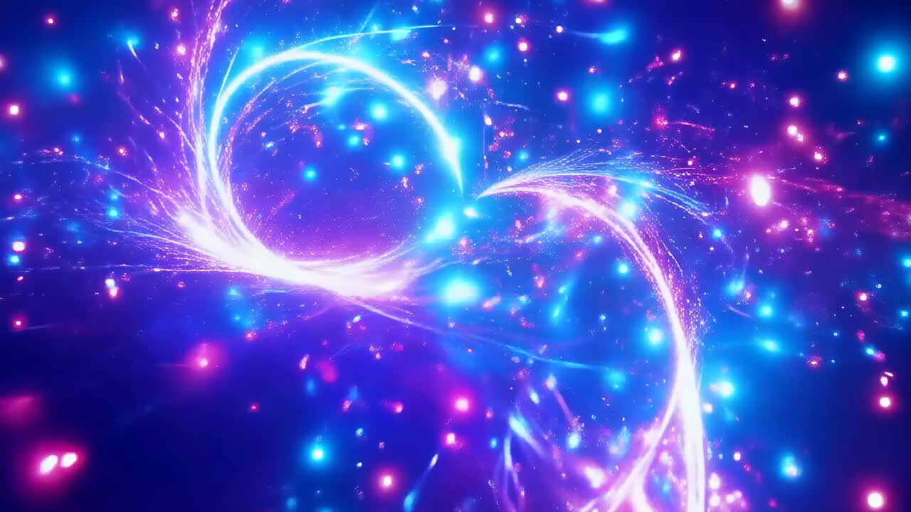 Swirling ribbon trails tightening, tracing neon heart outline center, emitting cyan-magenta sparks