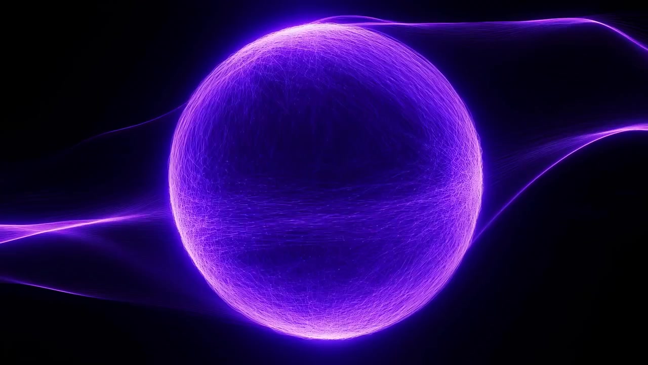 Hehkuva valoa säteilevä pallo tummalla taustalla, edestäpäin kuvattuna, violetin ja sinisen sävyillä, energisessä ja futuristisessa tunnelmassa, lähellä olevien esineiden ja ympäristön kera
