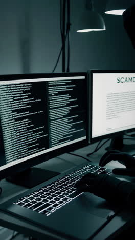 hacker committing cybercrime, working on a scam
