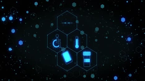 animation of network of blue medical icons over light spots and connections on black background