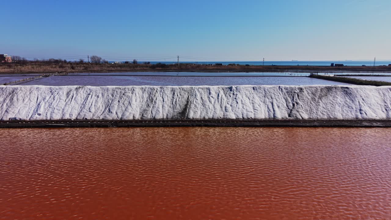 Saltgruve med salthauger og vannbassenger under klar himmel.