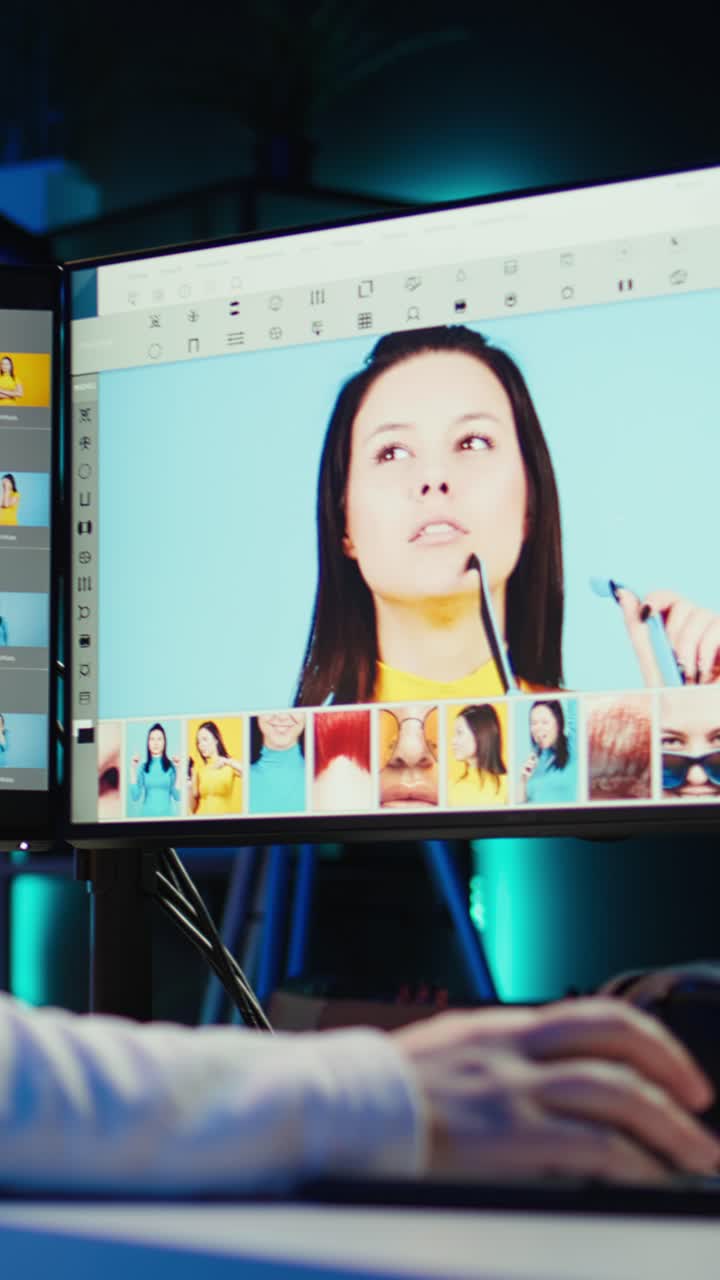 Vertical video Photographer in studio drinking coffee, editing pics