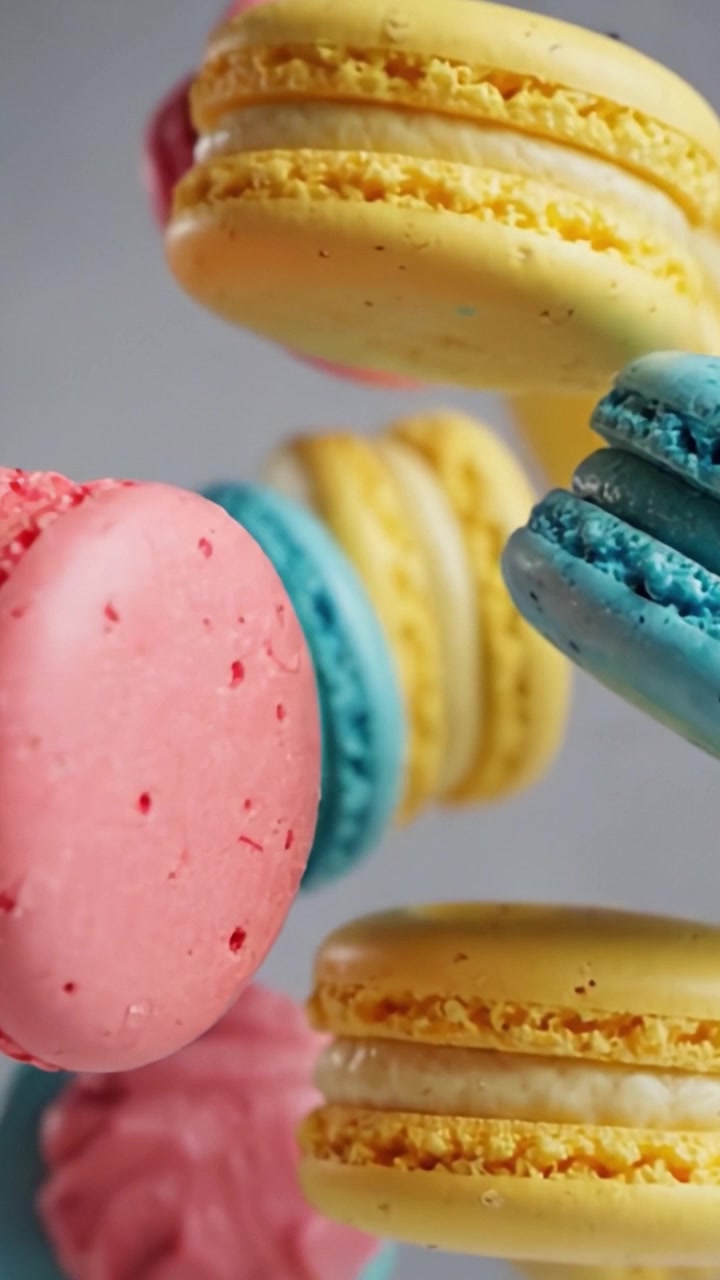 A Burst of Color: An Assortment of Delightful Macarons in Vibrant Shades of Pink, Yellow, and Blue Floating Beautifully Against a Subtle Background