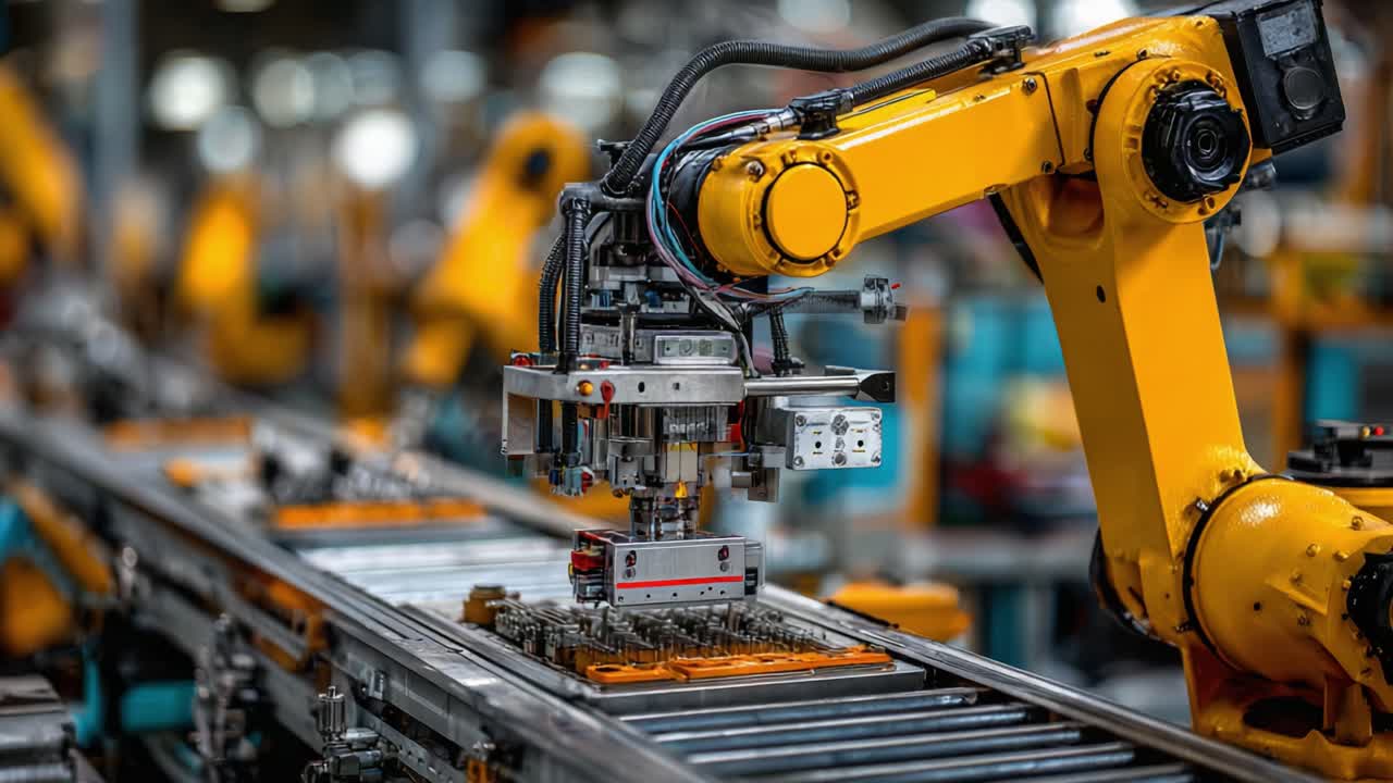 Advancements in Automation: A Close-Up of Robotic Arms in Action on a Manufacturing Line Efficiently Assembling Components and Enhancing Productivity