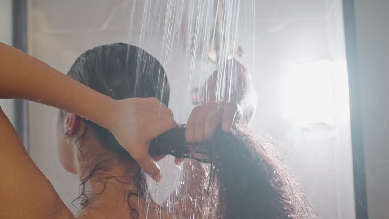 Una donna si lava i capelli sotto la doccia. Vapore retroilluminato e riccioli bagnati e aggrovigliati. Le mani districano ciocche umide sotto l'illuminazione del bagno dell'hotel. La donna rinfresca i capelli sotto il vapore caldo in una doccia d'hotel contemporanea.