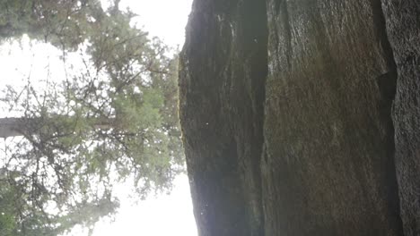 Water-drops-from-huge-rock-mountain-in-forest-to-the-lens,-slow-motion