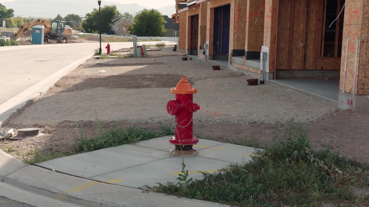 Lenta carrellata da destra a sinistra di un idrante antincendio rosso accanto a nuove case in costruzione.