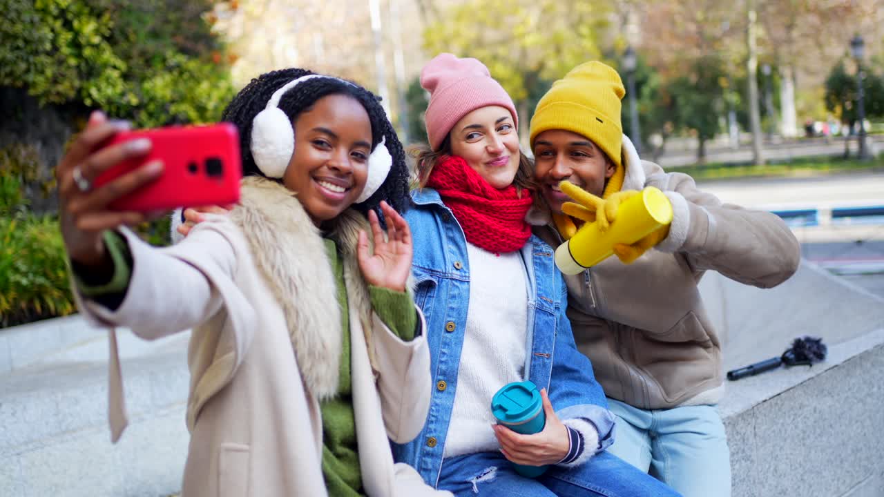Friends Taking Selfie Outdoors in Autumn