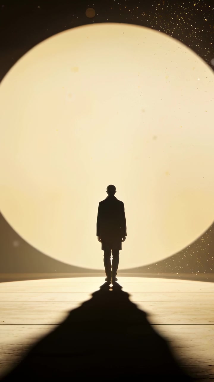 Video verticale: Uomo in piedi, controluce, in cappotto, che si sposta dopo il riflettore sul palco, per una performance.