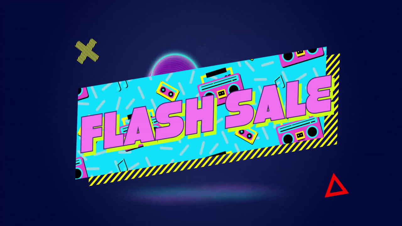 Animation of Flash Sale text with colorful retro graphics on vibrant blue background