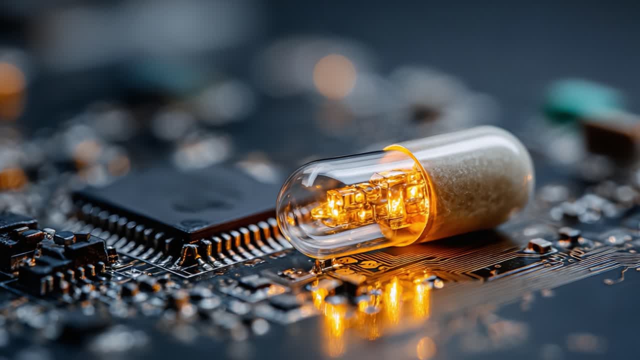Illuminated Capsule on Circuit Board: Exploring the Fusion of Technology and Biochemistry in Modern Electronics and Innovative Design Concepts