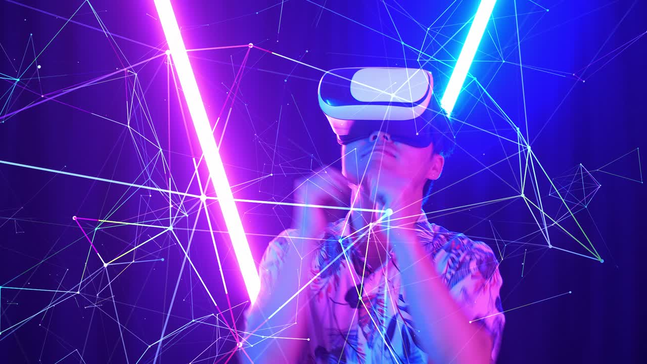 Vr, Futuristic, Entertainment Concept. Excited Asian Man Using Virtual Reality Headset And Funny Dance With Neon Light At The Background