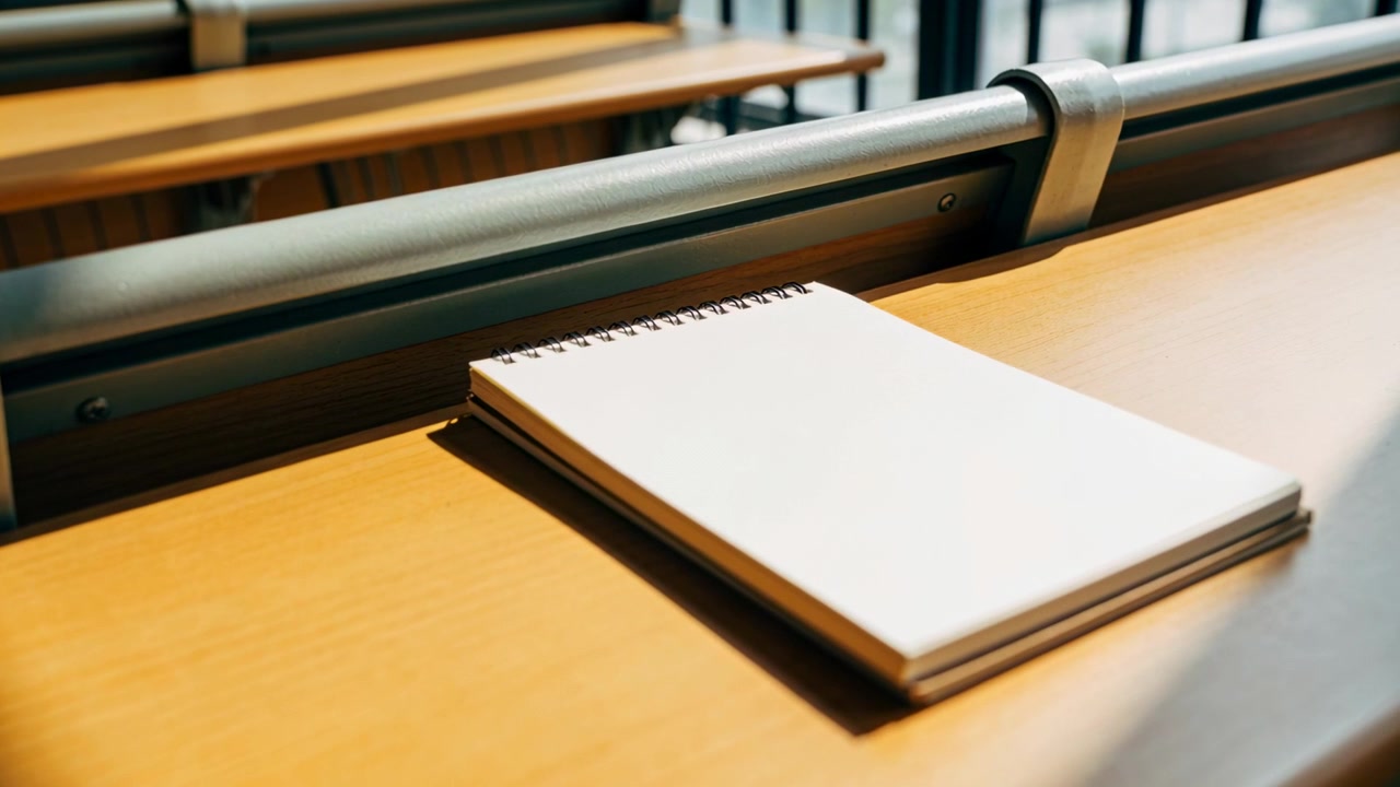 Moving camera revealing spiral notebook on desk in classroom, metal rail, window light, copy space