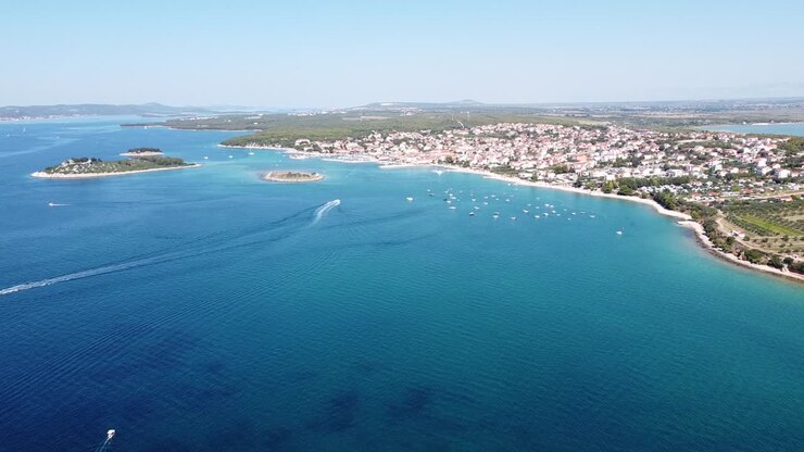 Pakostane at Zadar, Dalmatia, Croatia - Aerial Drone View of the Coastline with Boats, Beaches, Islands and Picturesque Village