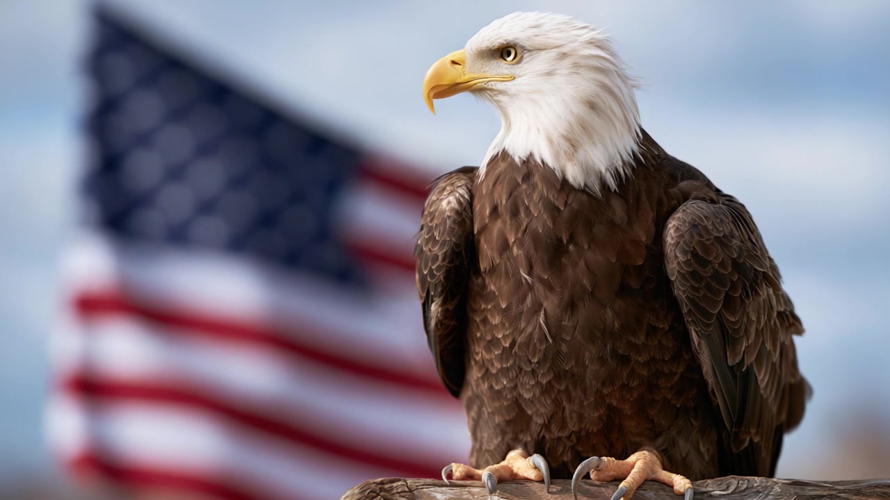 En majestætisk hvidhovedet ørn står stolt mod en sløret baggrund af det amerikanske flag, symboliserende frihed og styrke i naturens skønhed