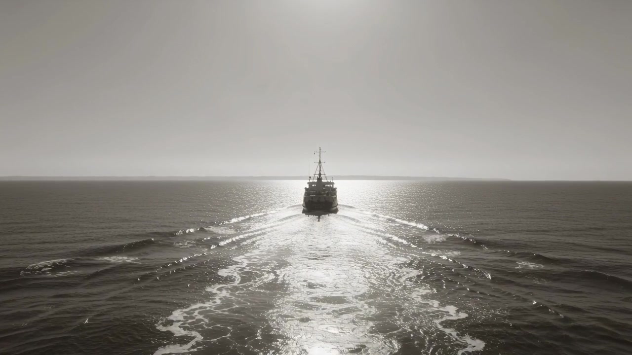 Ein Motor treibt ein Motorschiff an, das auf dem Weg zum Horizont ist und eine schaumige Kielwelle sowie Sonnenblendung erzeugt.