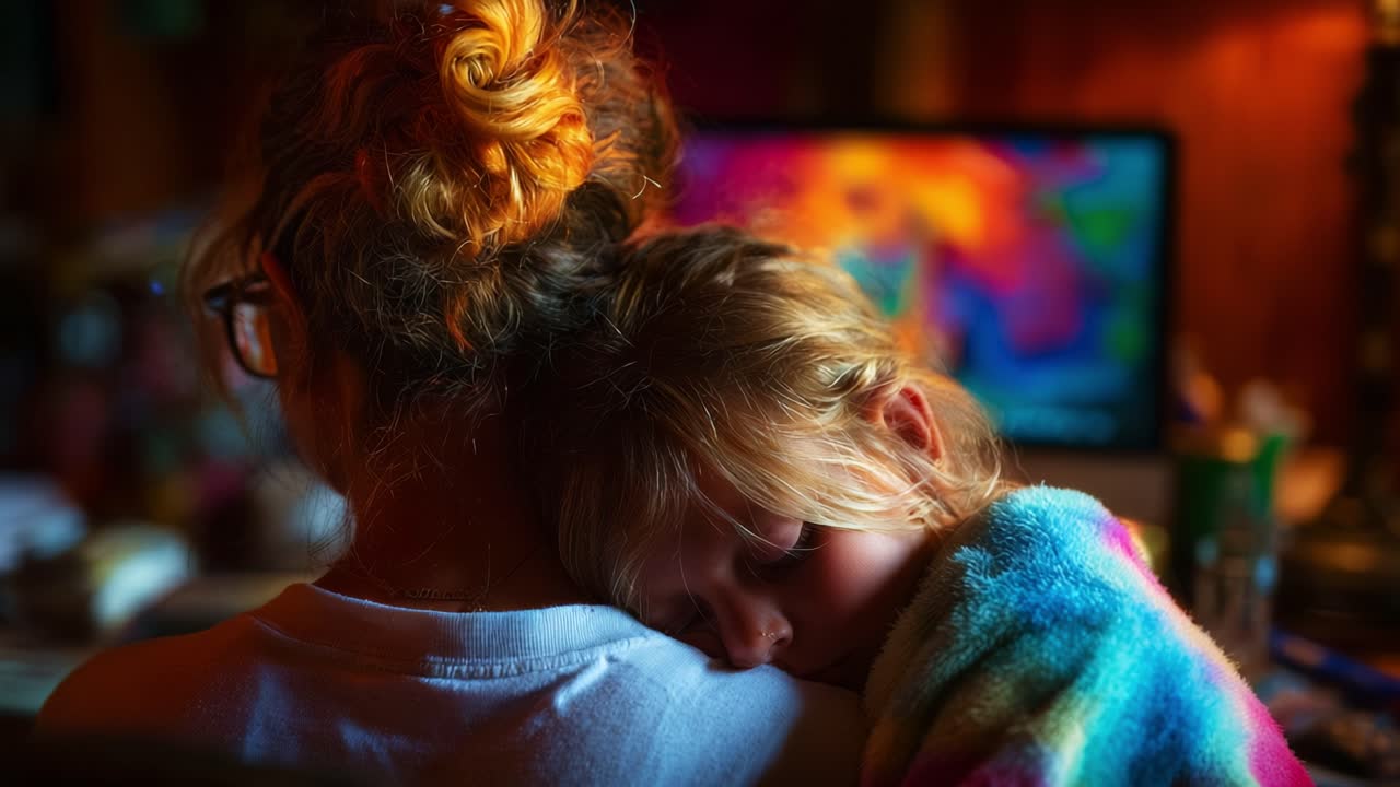 Un momento d'amore catturato: un legame accogliente tra una madre e il suo bambino visibile in questa scena commovente di conforto e unione, immersi in una soffice luce di sfondo