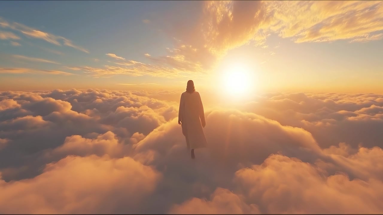 Spiritual Figure Walking on Clouds Towards Golden Sunset