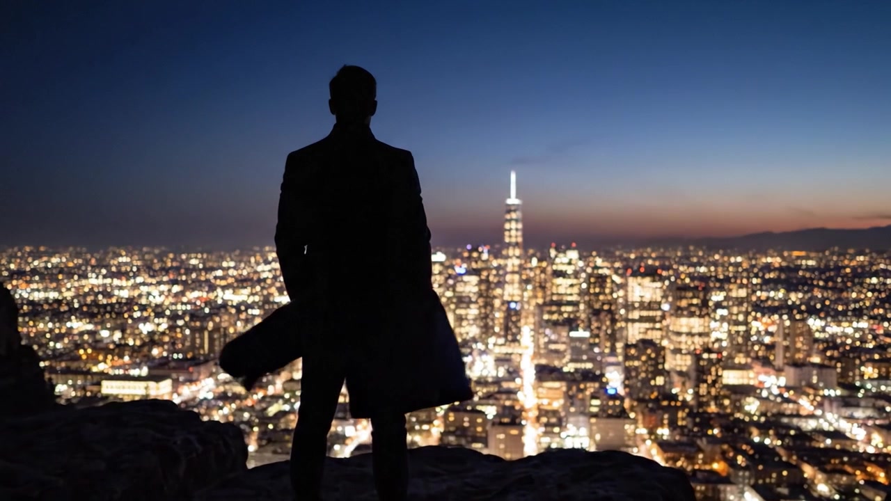 Una figura solitaria si erge in cima a una vetta montuosa, ammirando lo skyline vibrante di una città illuminato da un'incantevole fusione di crepuscolo e notte, rivelando la bellezza dell'esistenza urbana.