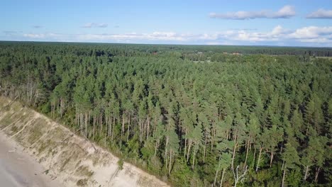 aerial view of baltic sea beach at jurkalne on a sunny day, white sand cliff damaged by waves, coastal erosion, climate changes, wide angle drone shot moving backward over the sea